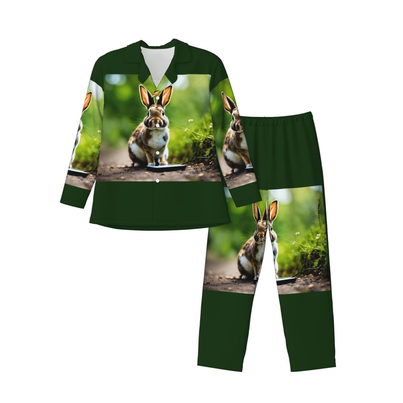 Herren-Pyjama-Set mit Hasen-Motiv, langärmelig, zweiteilig, Hauskleidung, bequeme Nachtwäsche
