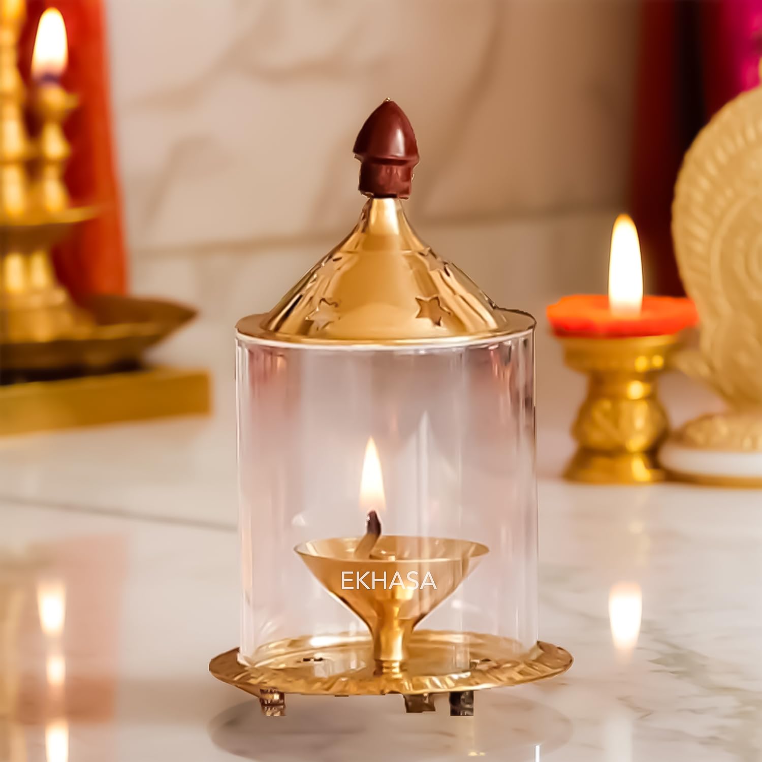 Ekhasa 100% Pure Brass Akhand Jyoti Diya with Glass Cover (Authentic Borosilicate, Size: Large) | Akhanda Deepam Jot Diya with Adjustable Bati & Screw Lever | Diwali Jyot Oil Lamp with Glass Cover (B0DDL2NNJL) Amazon Price History, Amazon Price Tracker