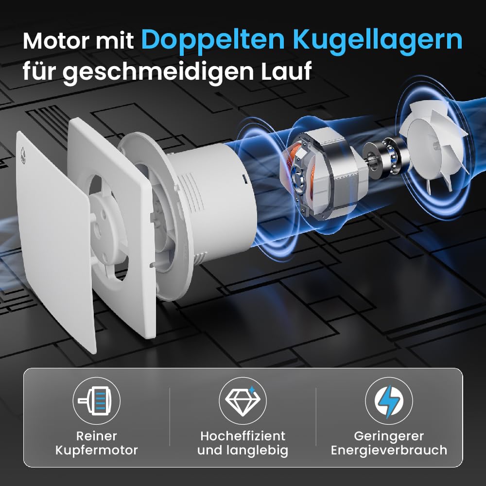 100mm Leiser Badlüfter mit Feuchtigkeitssensor – Weiß