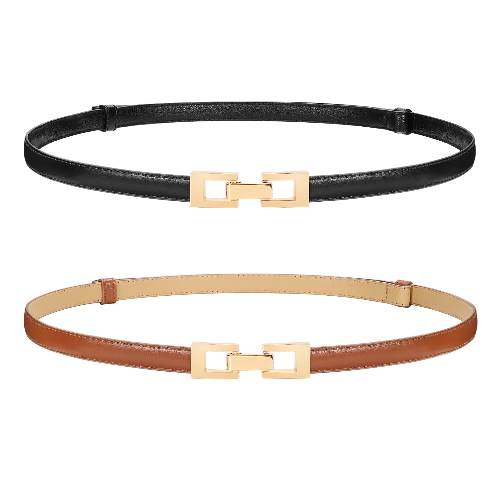 WERFORU 2 Pack Women Skinny Belt Thin Waist Belt for Pants Leather Belt with Gold Buckle for Jeans