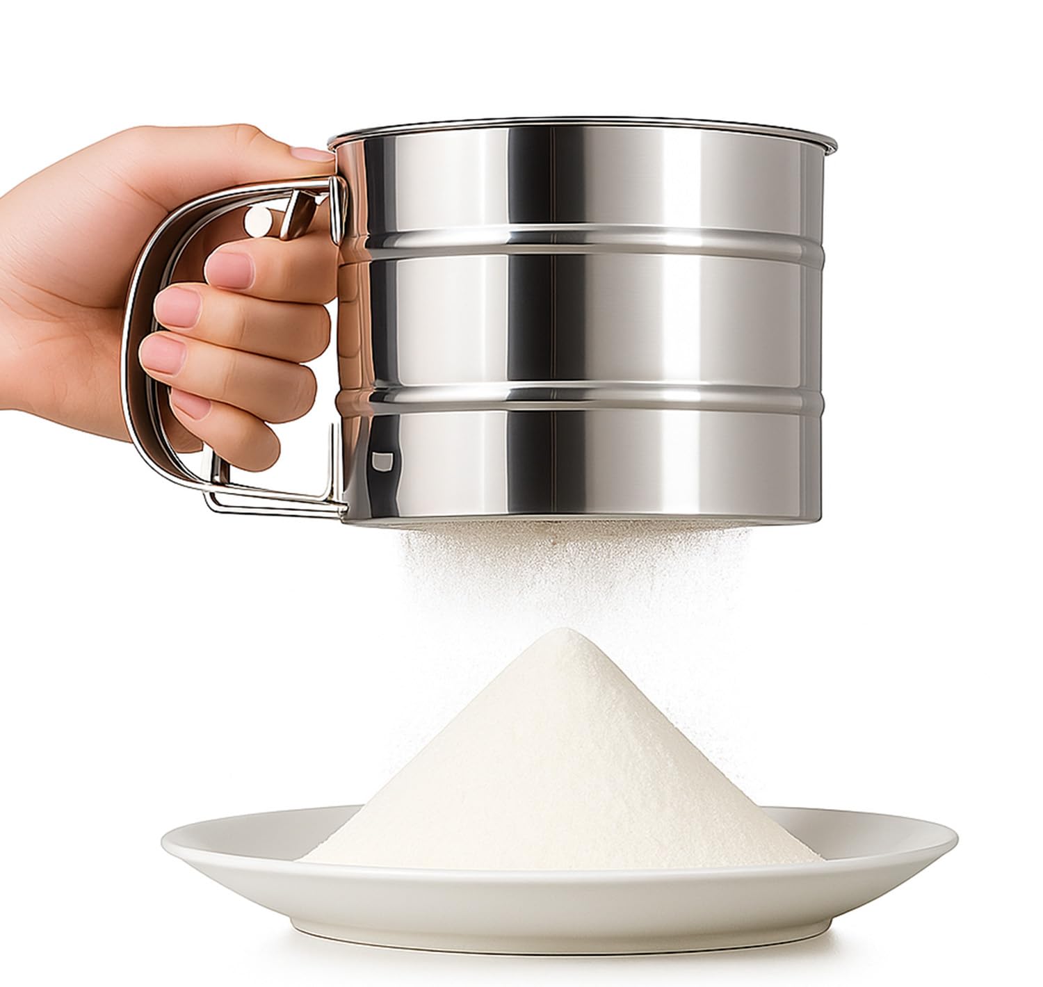 AADHIK Stainless Steel Flour Sifter with Handle | Hand Press Atta Chhani for Kitchen | Large Capacity Flour Sieve Cup for Atta, Maida, Wheat Flour, Sugar, Cocoa & Baking Ingredients-picture-17