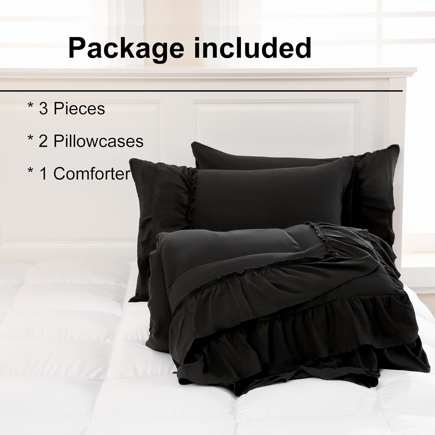 Black Comforter Set Queen Boho Bedding Set Shabby Chic 2 Layers Ruffled Bedroom Home Decor Ultra Soft Microfiber Farmhouse Down Comforter Bohemian Quilt Set