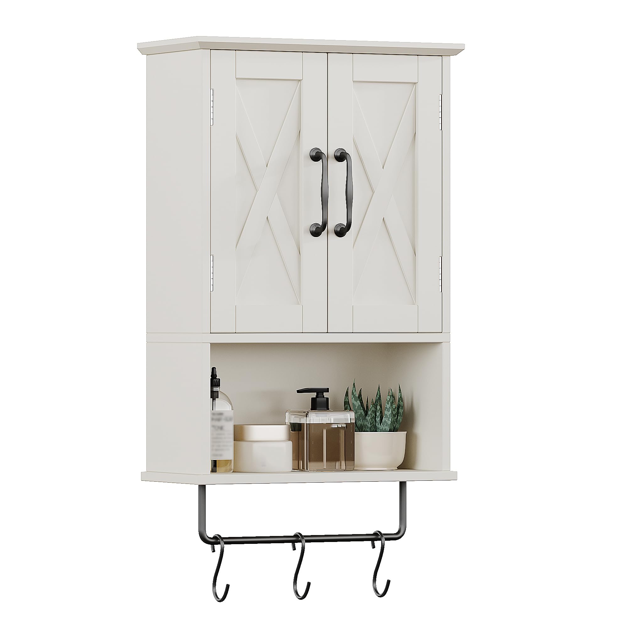 ChooChoo Farmhouse Medicine Cabinet, Bathroom Wall Cabinet with Adjustable Shelf, Towel Bar, 3 Hooks, Over The Toilet Storage Cabinet for Bathroom, Kitchen, White
