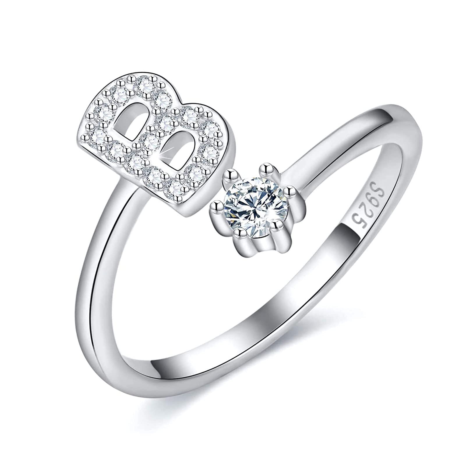 RULMEINInitial Ring 925 Sterling Silver Letters A-Z Stackable Alphabet Knuckle Rings Cubic Zirconia Capital Letter Alphabet Jewelry Adjustable Ring for Women Ring Size 7