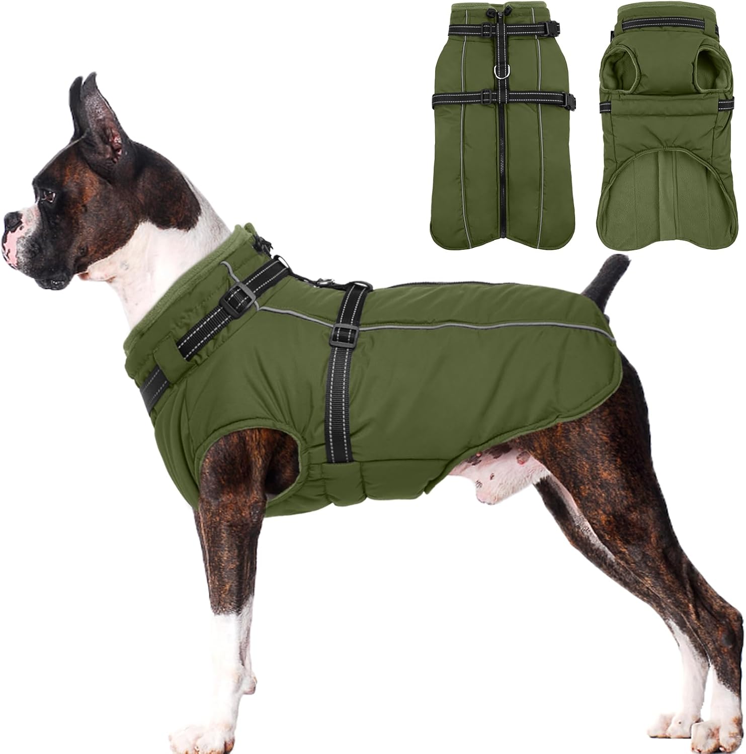 Lelepet Dog Coat for Large Dogs Waterproof Dog Jacket with Harness Built in Reflective Fleece Jacket with Zip Warm Winter Coats for Dogs Thermal Pet Snowsuit for Outdoor, Border Collie, Army Green, XL X-Large Army Green