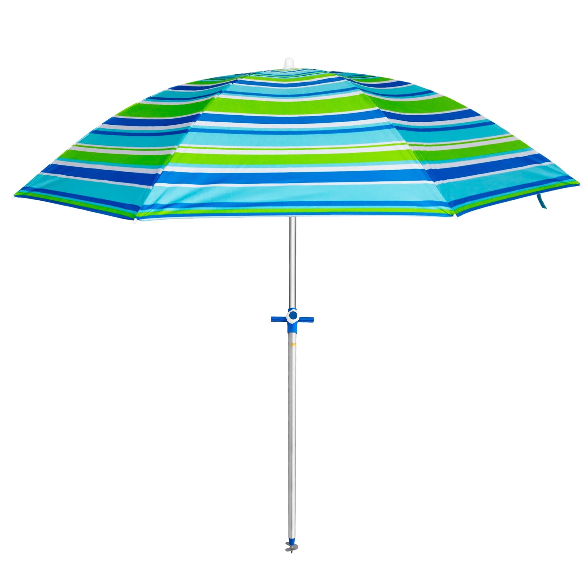 Pincho Sombrilla de playa Ø180 cm acero, Tela poliéster con protección UPF 50+, Sistema, punta de aluminio y maneta, 8 Varillas de acero de 3 mm, reclinable