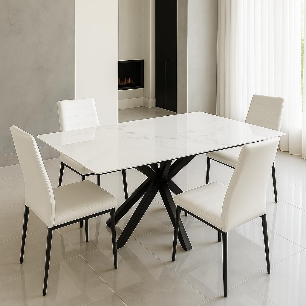 Tavolo da Pranzo in Ceramica Gres Porcellanato 150x90 cm – Piano Lucido Antigraffio Antimacchia – Gambe Incrociate Ferro Verniciato Nero – Finitura Pandora o Calacatta Bianco Marmo