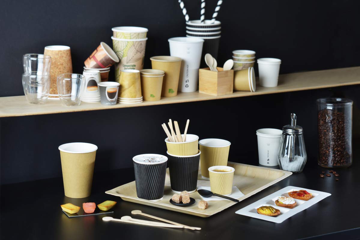 Vasos desechables de 230 ml, biodegradables, reciclables y compostables, de papel kraft con pared de doble capa para capuchino, agua o bebidas calientes y frías.