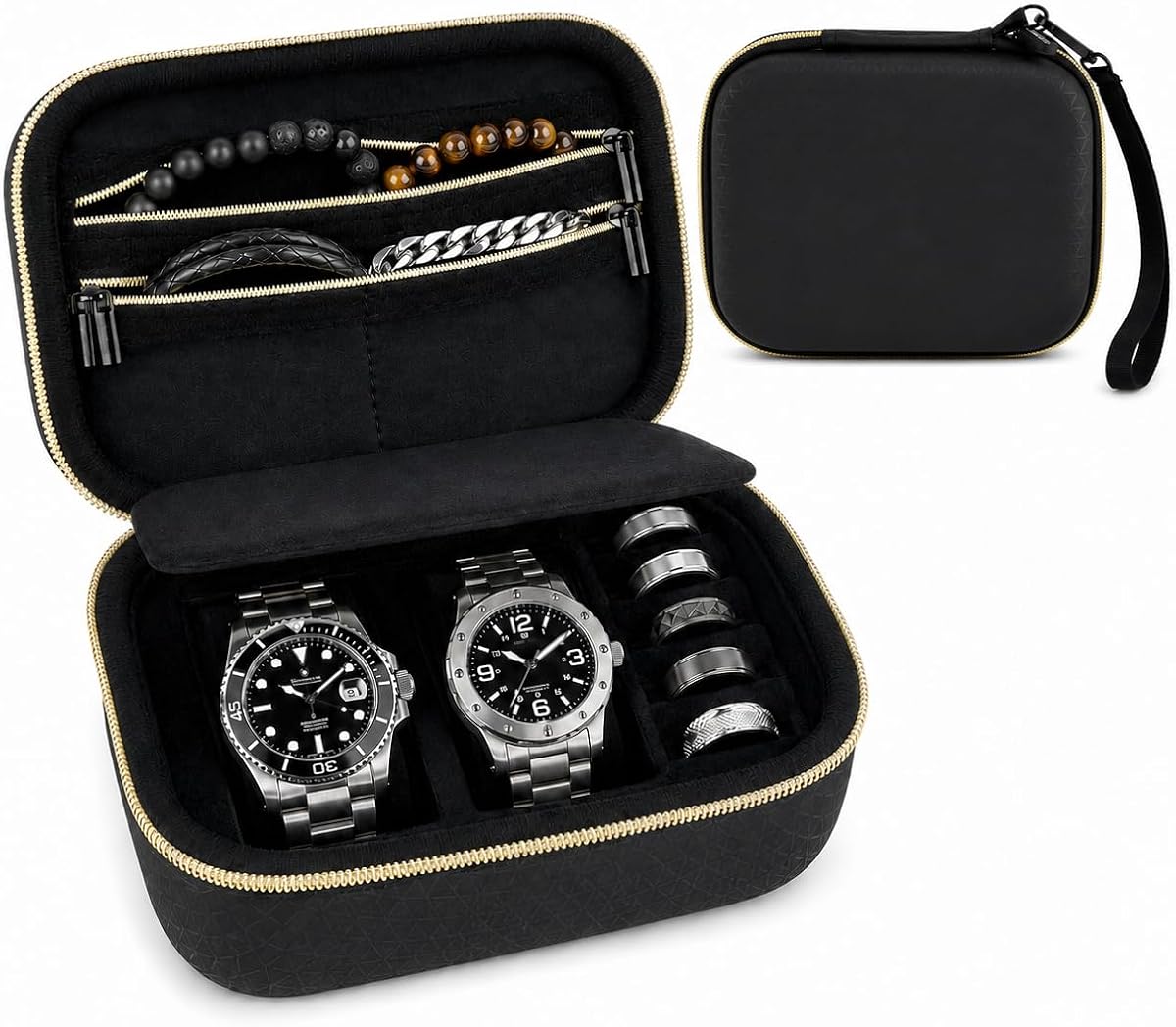 Comecase Estuche de viaje para relojes con 2 ranuras para hombres y mujeres, organizador de joyas para relojes | EVA dura, forro suave, divisor acolchado, almohadas extraíbles para relojes, 5 ranuras para anillos, bolsillos con cremallera, viajes de negocios, negro