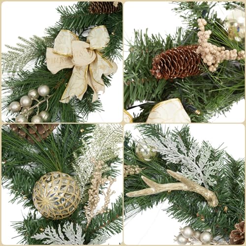 6 Feet Pre-lit Christmas Garland with Lights for Mantle, Lighted Battery Operated Outdoor Xmas Garland with 20 LED Gold Balls Pine Cones Antlers for Fireplace Front Door Stair Railing Decor