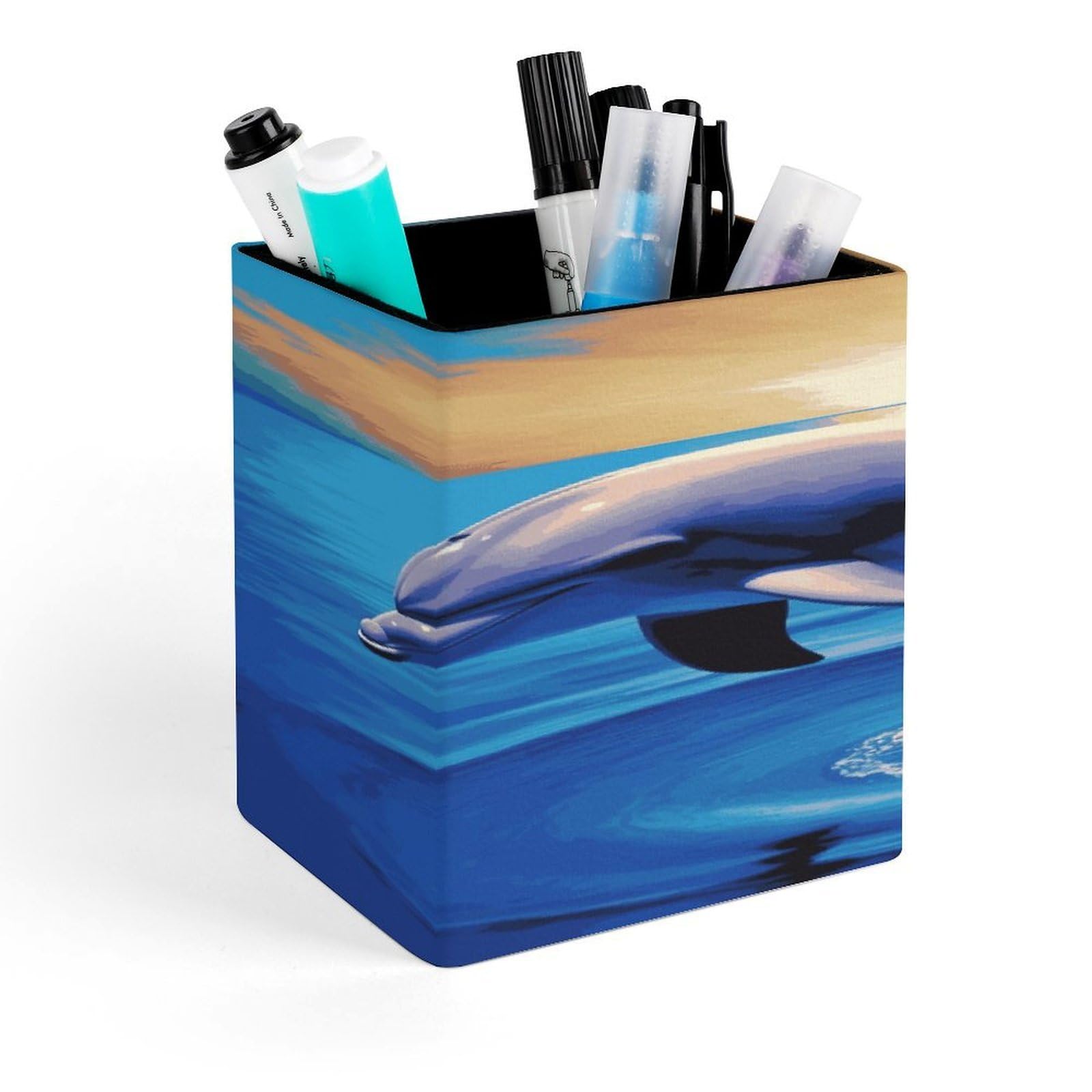 JTREHY - Stylish Square Dolphin Pen Holder Makeup Brush Holder PU Leather Stationery Organizer Office Accessories Container Box