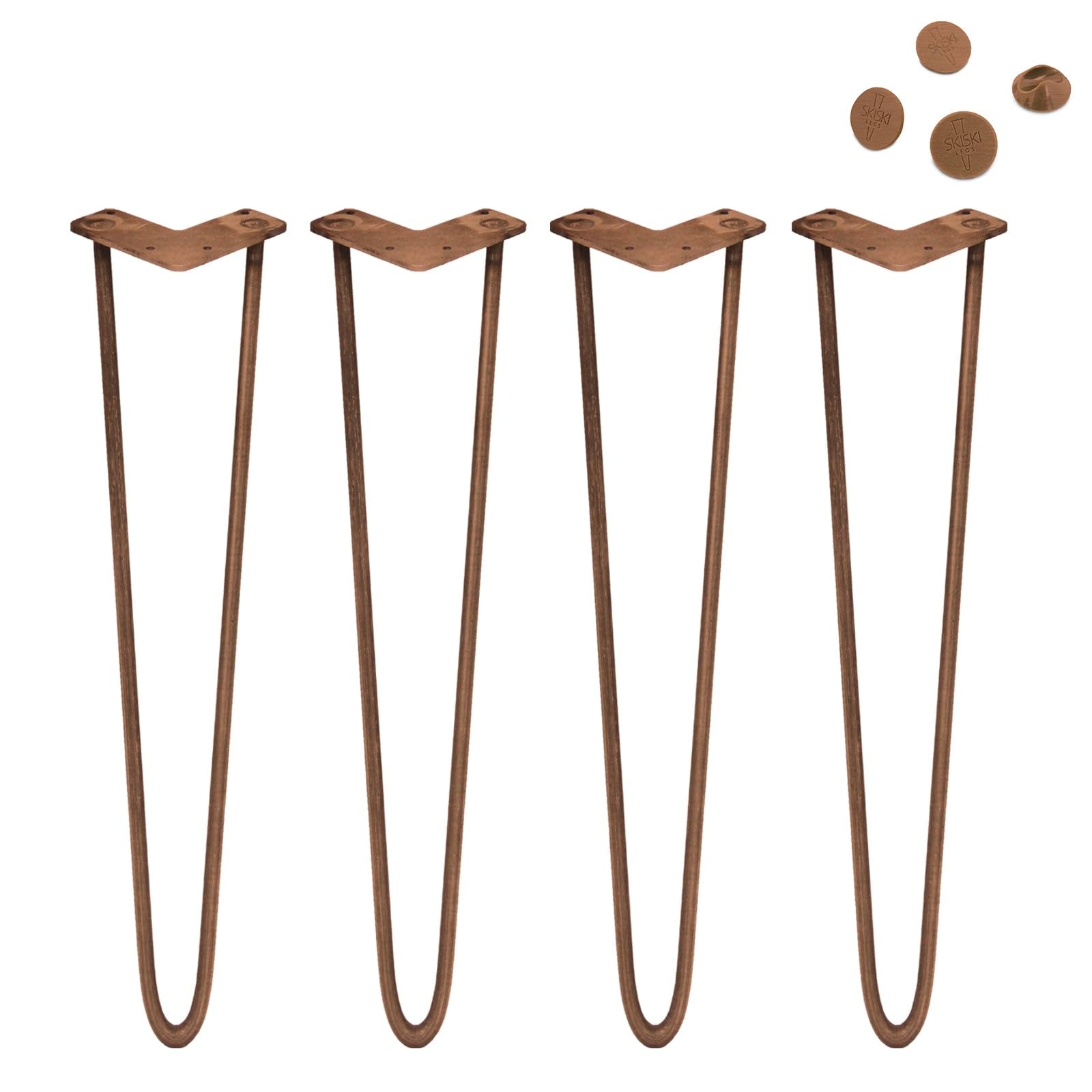 Monster Shop SkiSki Hairpin Table Legs 28” 71cm Pack of 4 Antique Copper Heavy Duty 12mm Thick Steel 2 Prong 300kg Load Capacity DIY Furniture Glide Discs Floor Protectors & Screws Included