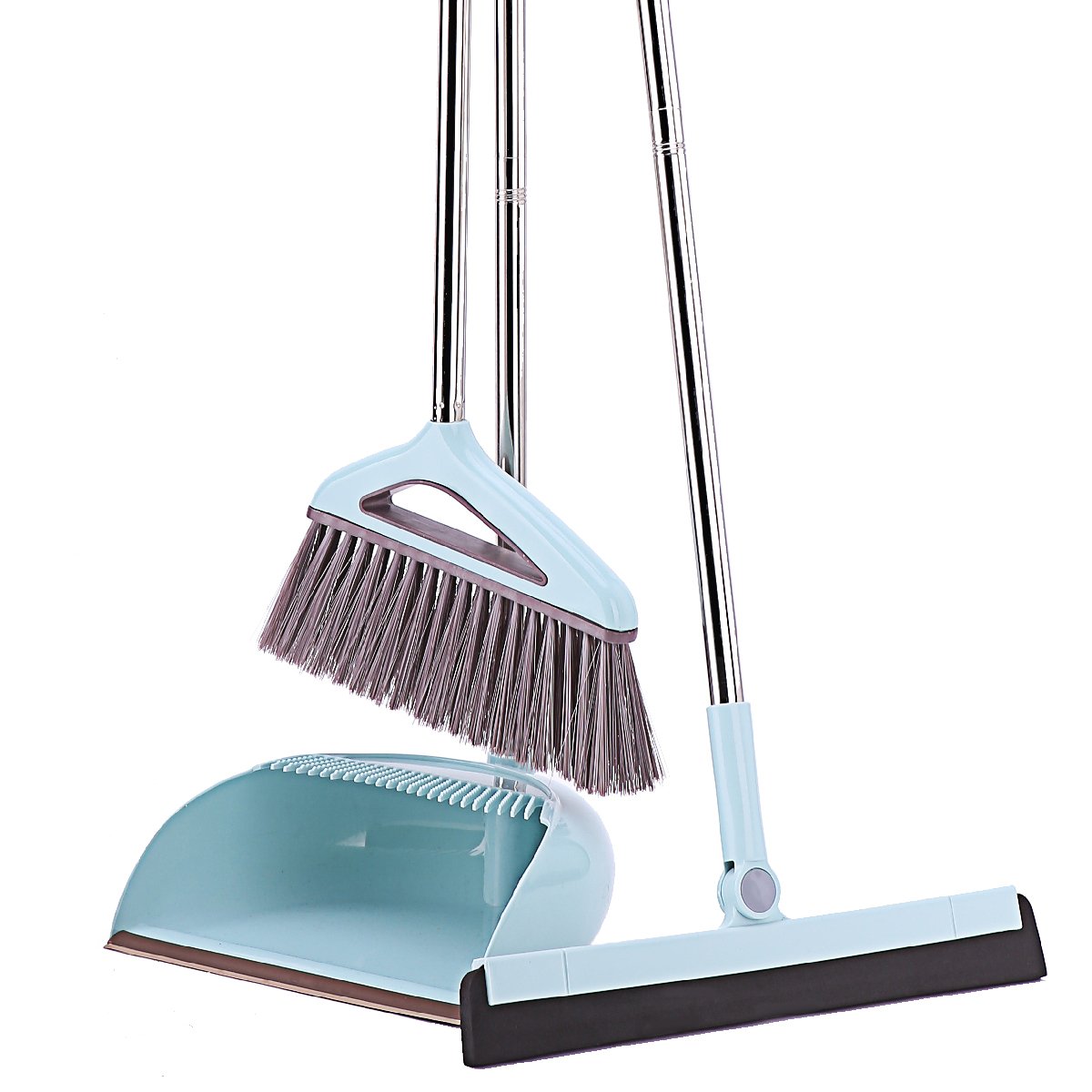 Dust Pan Broom & Floor Squeegee Scrubber Brush/Removable Adjustable Long Handle/Cleaner Set Professional for Pet Hair Sweeping Kitchen House