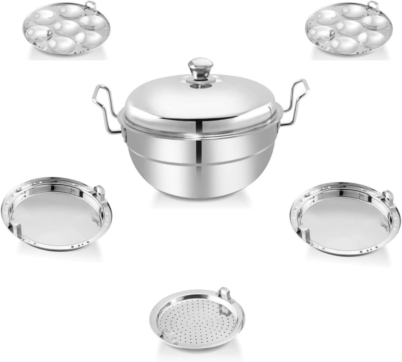 MB BROTHERS Stainless Steel Multi Kadai Idli Cooker Steamer with Copper Bottom All-in-One Big Size dhokla Cooker - 5 Plate 2 Idli - 2 Dhokla - 1 Patra - Momo Steamer (STEEL)
