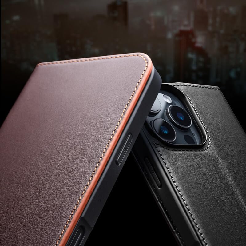 Étui iPhone 13 marron en cuir véritable à rabat magnétique chic