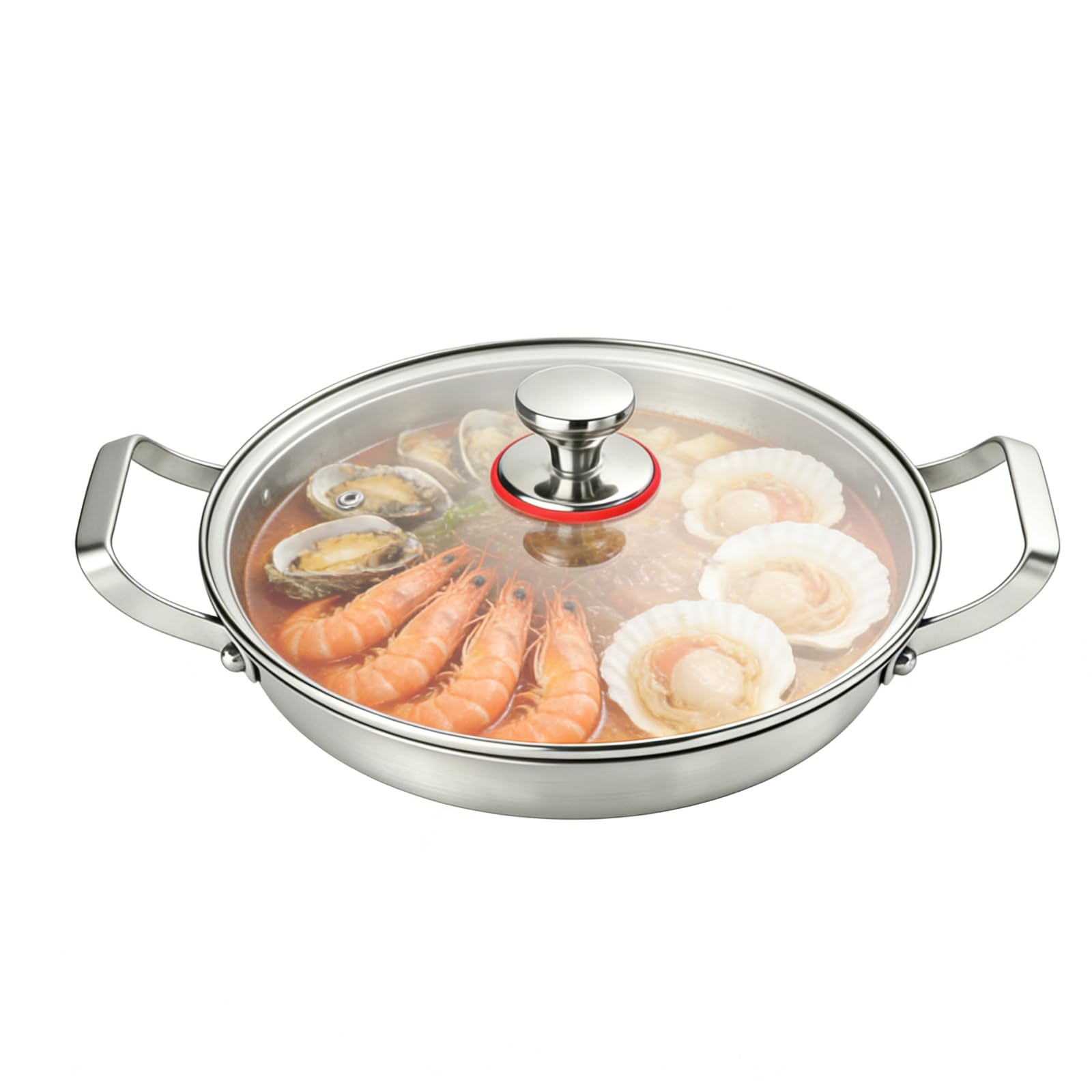 Padella in acciaio inox martellato titanio 32 Cm, Padella a tre strati induzione, senza rivestimento antiaderente naturale, friggere saltare stufare a vapore, coperchio vetro 2 maniglie