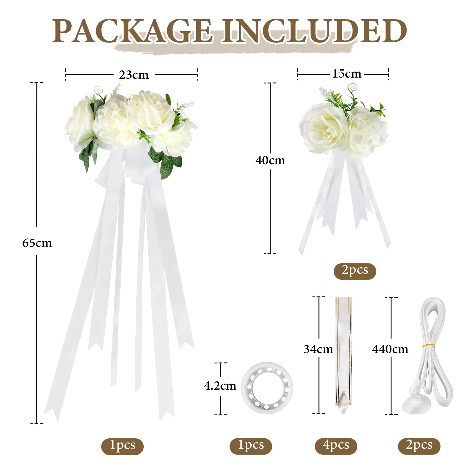 Decorazione Floreale Auto Matrimonio, Set Cofano Bianco con 3 Rose, Ventose, 2 x 4,4 m di Nastri, 4 Fiocchi e 1 Nastro Adesivo, Addobbi per Macchina da Sposa e Festa