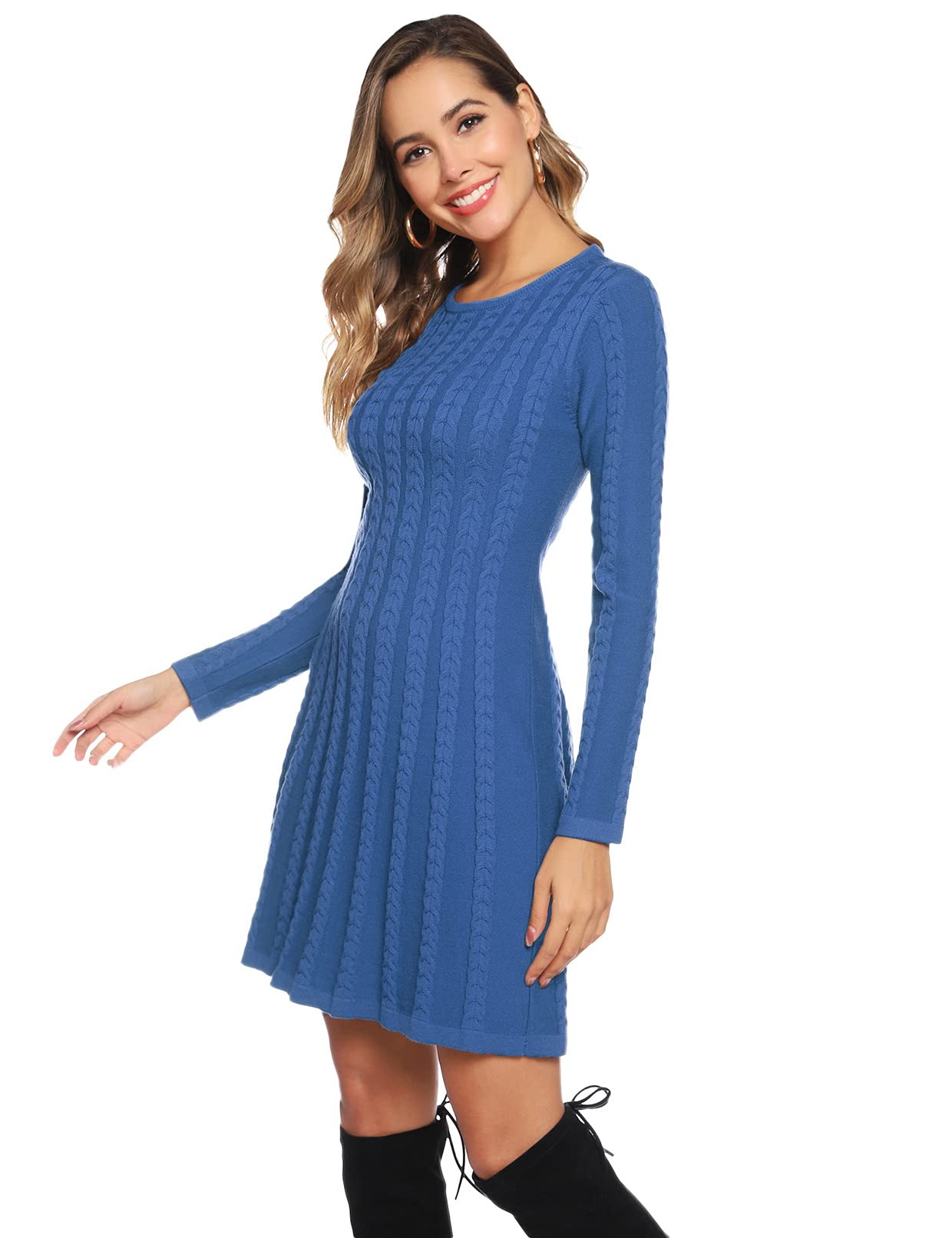 Gyabnw Vestito Casual Donna Invernale in Maglione Abito Vita Alta Elegante in Girocollo di Orlo Svasato Abito Linea A in Maglia al Ginocchio Caldo di Moda Treccia Ritorta
