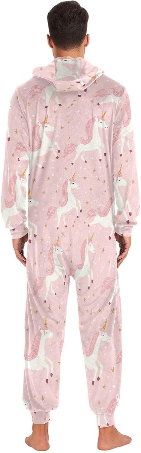ZZKKO Pink Unicorn and Star Adult Onesie Pajamas for Women Men Cozy One Piece Pajamas Costume Zip-Up Hooded S-XL