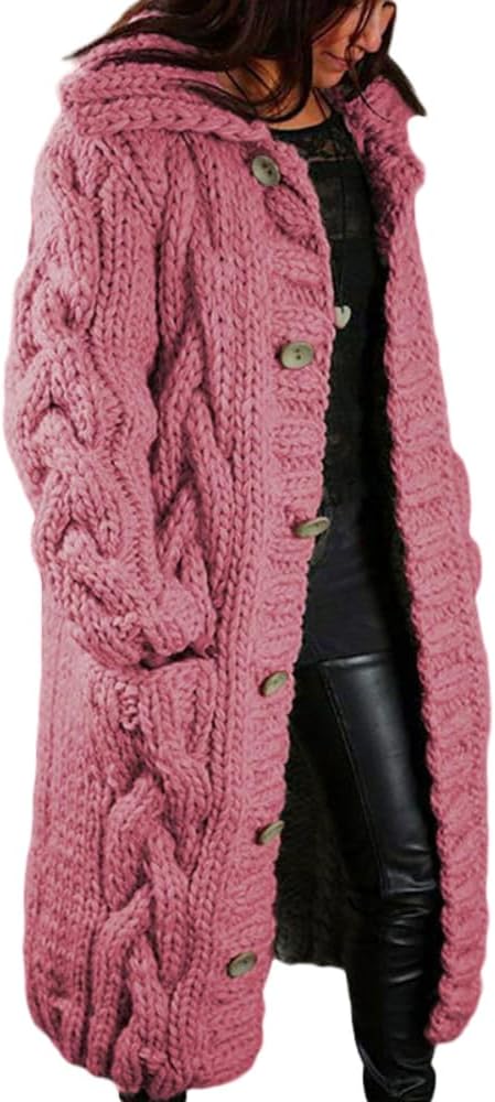 Women's Long Sleeve Buttons Chunky Cable Knit Long Cardigan Fall Winter Loose Soft Warm Lapel Sweater Coat with Pockets
