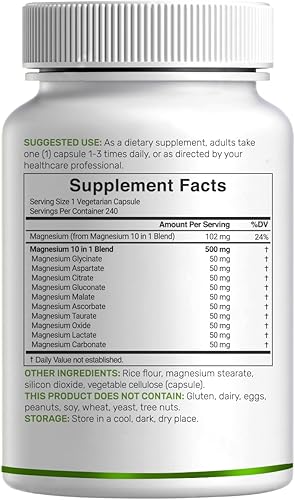 Miniatura 7 de Complejo de magnesio de 500 mg, 480 cápsulas vegetales  Glicinato, citrato, malato y más 100% quelado para una fácil absorción  Suplemento mineral