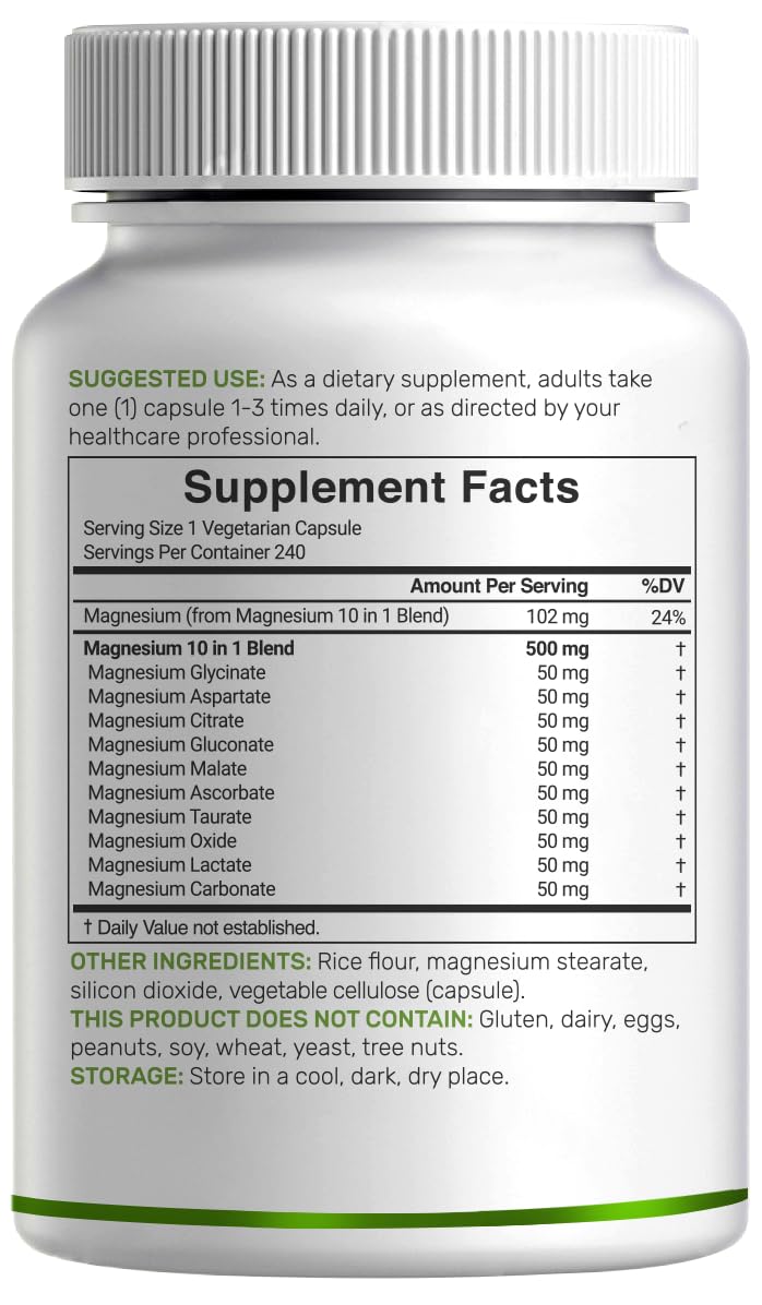 Magnesium Complex 500mg, 240 Veggie Capsules | 10-in-1 Glycinate, Citrate, Malate, & More | 100% Chelated for Easy Absorption | Essential Mineral Supplement for Muscle, Sleep, & Heart Health