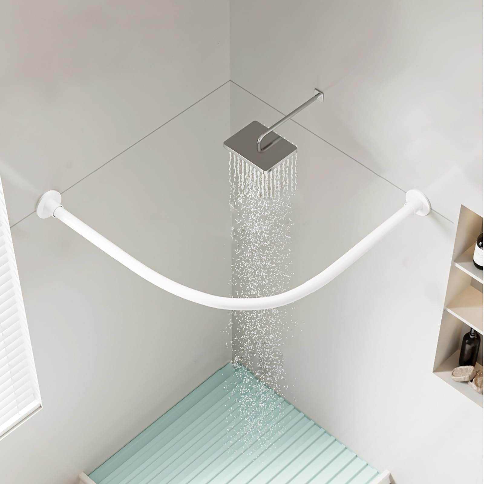 Tringle de douche incurvée sans perçage en acier inoxydable 304 blanc 95 x 95 cm – Barre de baignoire d'angle pour une installation facile et un design élégant