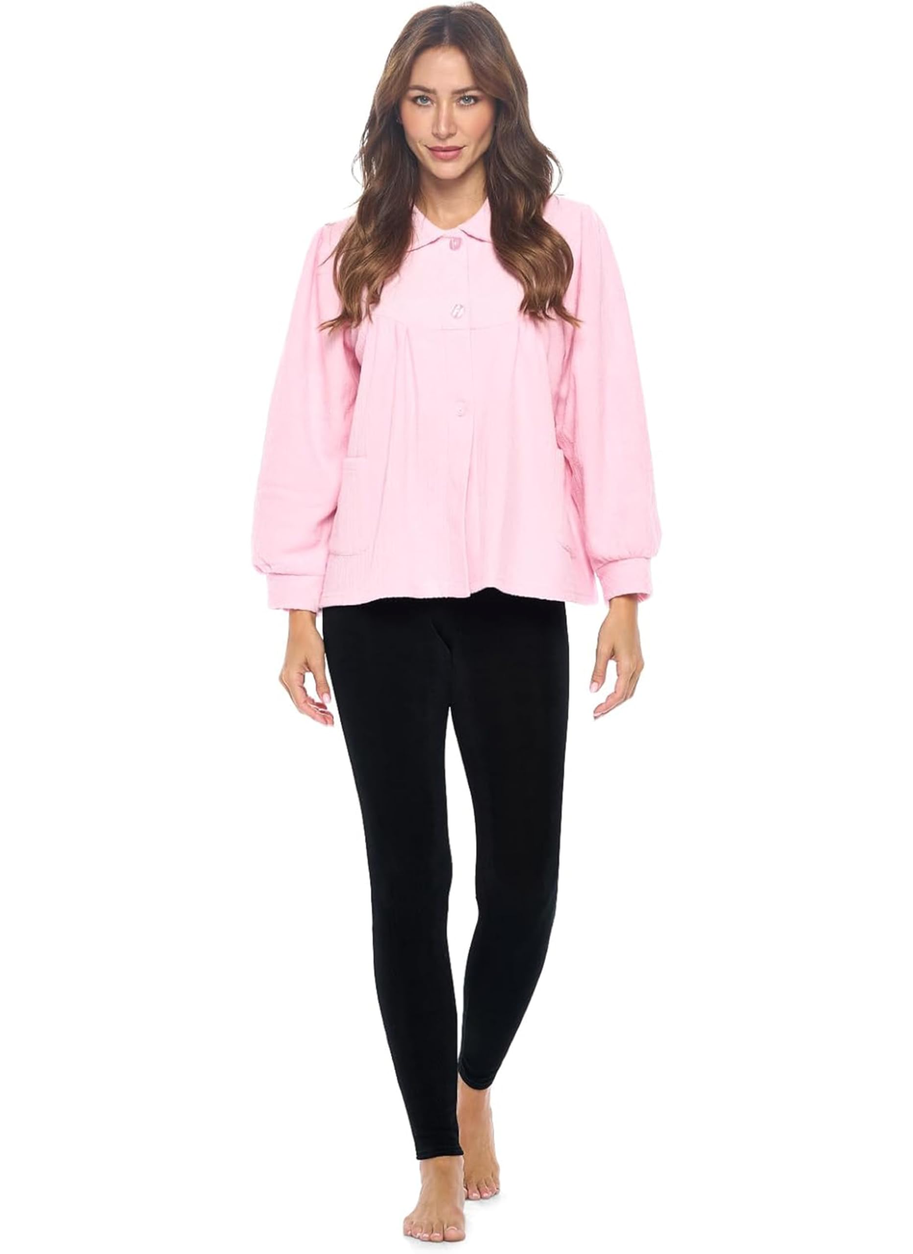Casual Nights Women's Chenille Bed Jacket, Button Front Long Sleeve Sleep Top with Pockets