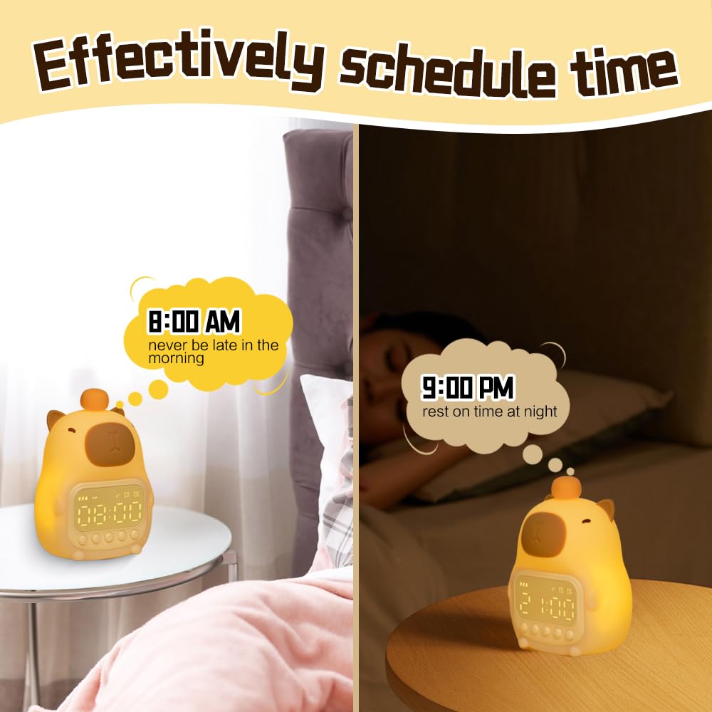 Reloj Despertador Capybara con Luz Nocturna,Lindo Despertador Infantil Capibara,Capybara Reloj,Lámpara Recargable de Silicona,Reloj Despertador Digital Recargable para Niñas y Niños