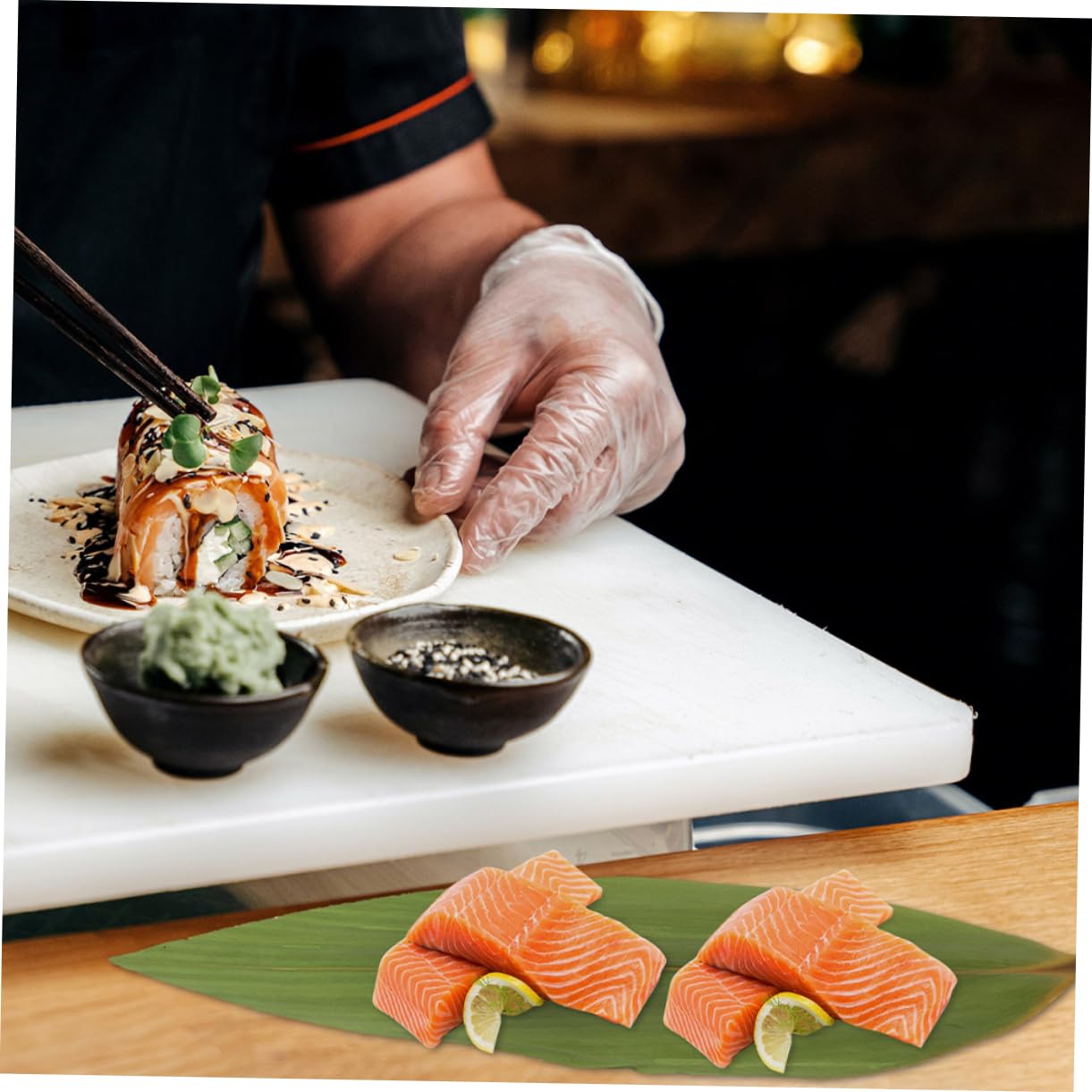Gatuida 200pezzi Foglie di bambù per Sushi e Sashimi Foglie Decorative Vassoio per Sushi Giapponese Decorazione per Barche Forniture per Ristoranti