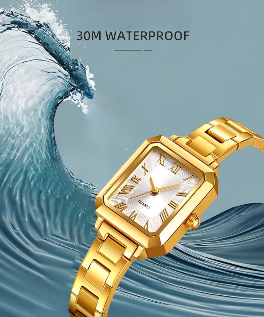 BESTKANG Women's Small Wrist Watch Rectangular Quartz Watch Classic Roman Numeral Dial 30M Waterproof Stainless Steel Band Wristwatch