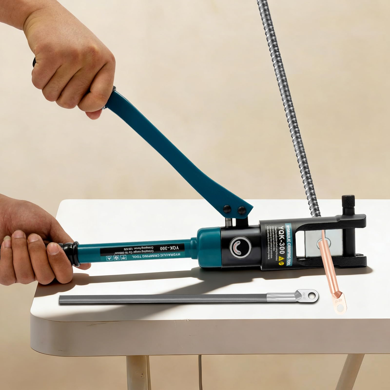 Crimpatrice idraulica 120 KN, crimpatrice manuale con 11 matrici 16-300 mm², strumento a crimpare esagonale per tubi in alluminio PEX cavi, per impianto idraulico elettrico cantiere, scatola di