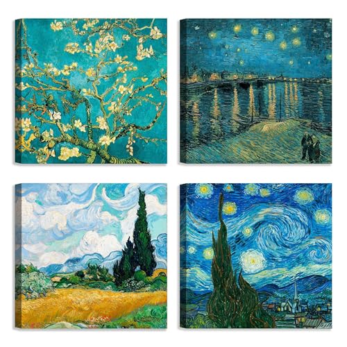 LuxHomeDecor Set di 4 quadri 30x30 cm – stampa su tela con telaio in legno in stile classico – Vincent Van Gogh