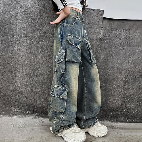 Little Girls Streetwear Denim Cargo Pants High Waist Floor Length Baggy Wide Leg Jeans with Multi Pockets4