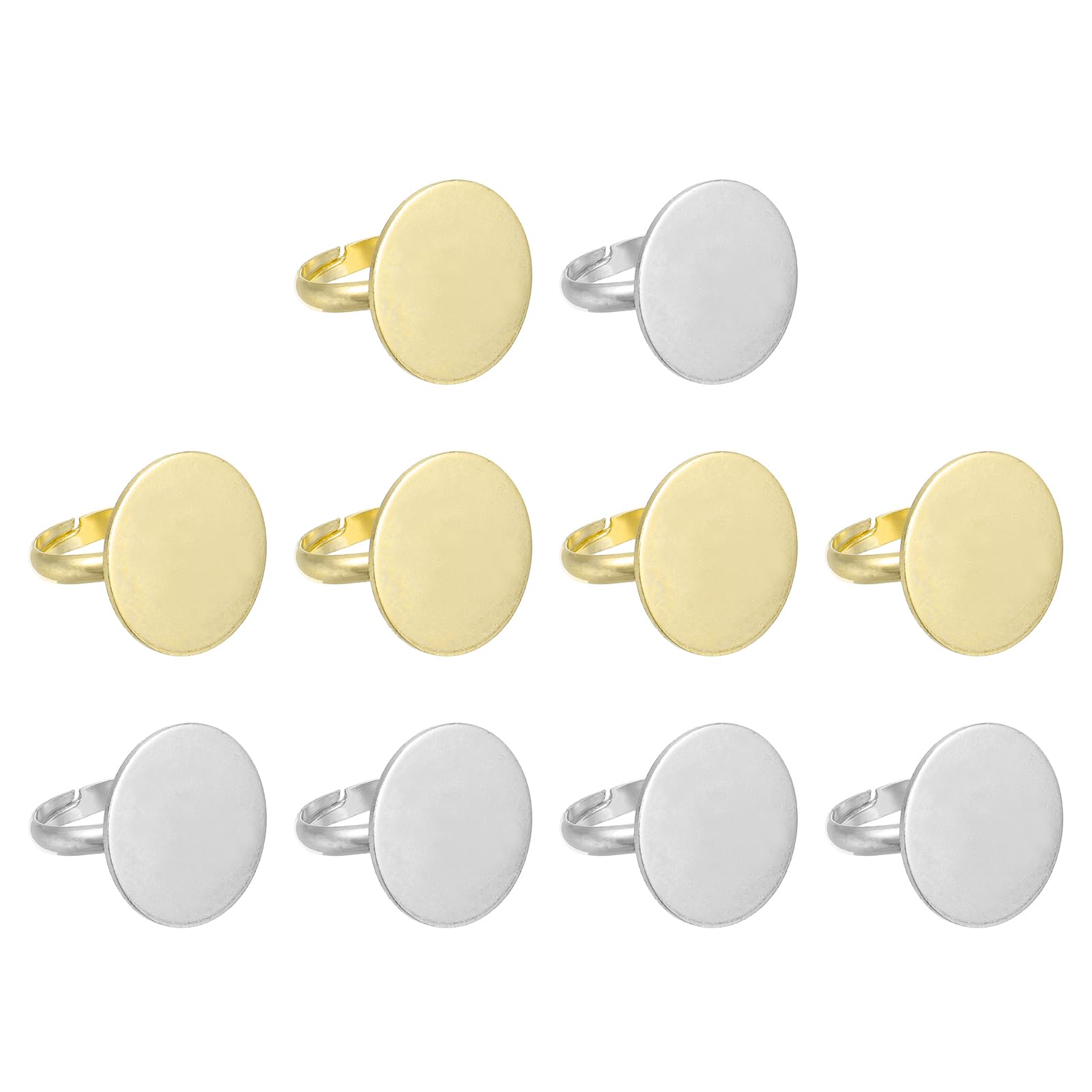 MECCANIXITY 10Pcs Metal Ring Base Blank, 20mm Adjustable Pad Cabochon Ring Blank Base Flat Bezel Tray for Jewelry Making Finding DIY Craft, Silver/Gold