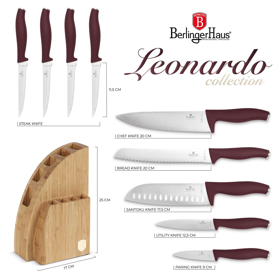 Berlinger Haus 10-częściowy zestaw noży/Wykonany ze stali nierdzewnej 3Cr13/z bambusowym stojakiem/matowego koloru bordo/Kolekcja Leonardo
