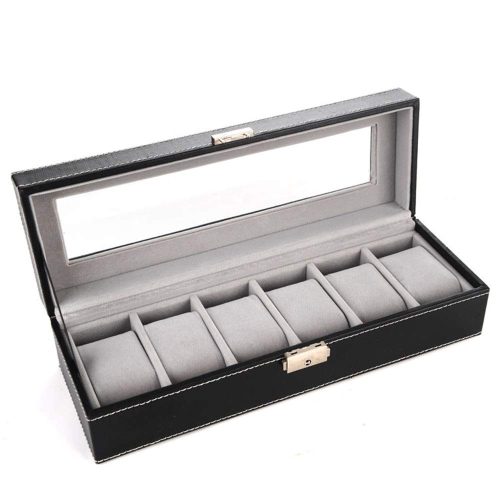 Scatole per Orologi Scatola portaoggetti for orologi con fibbia in metallo, 6 scomparti, finestra trasparente, pelle sintetica per il Compleanno