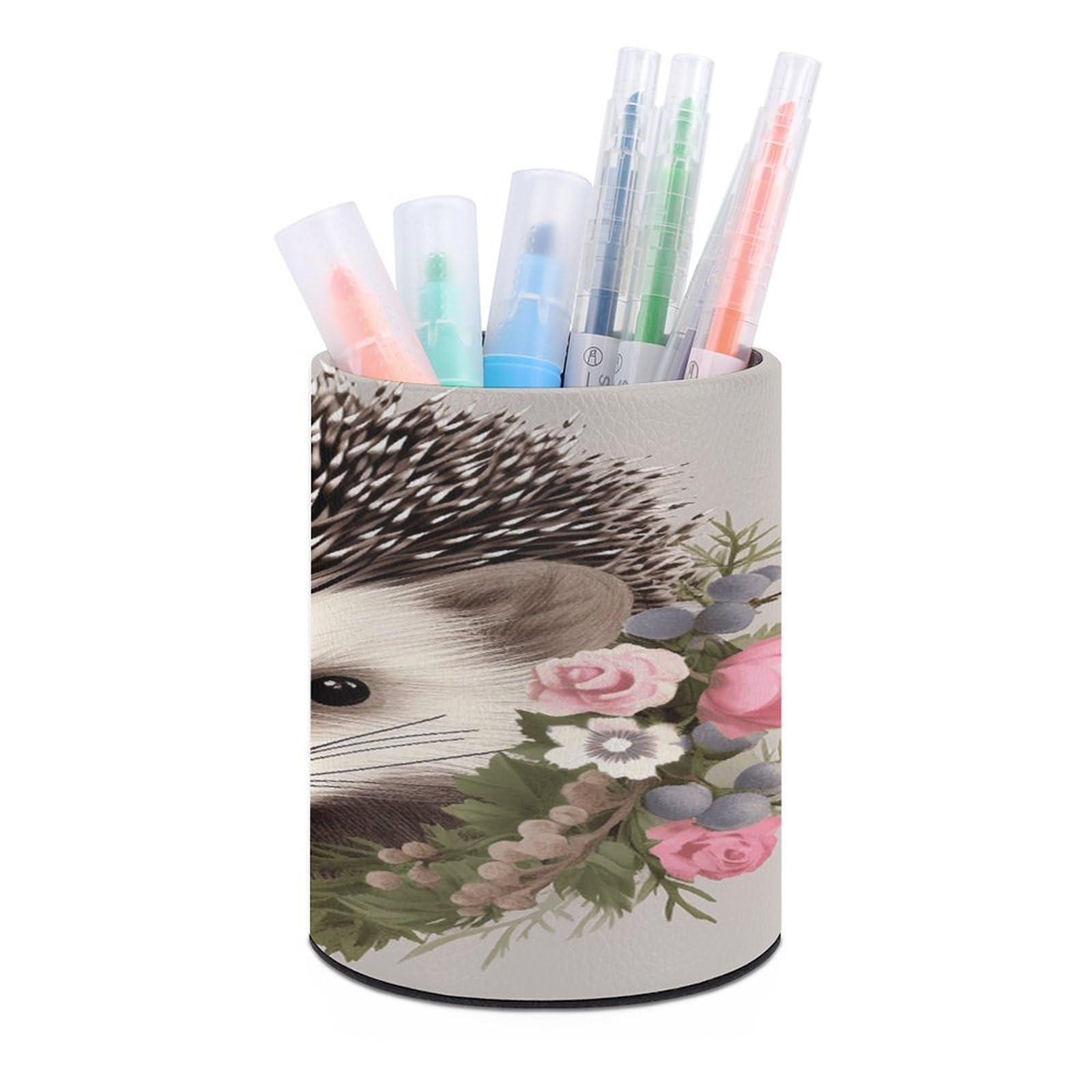VstaDank Hedgehog in Floral Wreath Pen Holder for Desk Makeup Brush Holders Stylish Pen Cup Cute Pencil Cup Round Pencil Holder Decor Brush Scissor Holders for Multifunctional Office Supplies