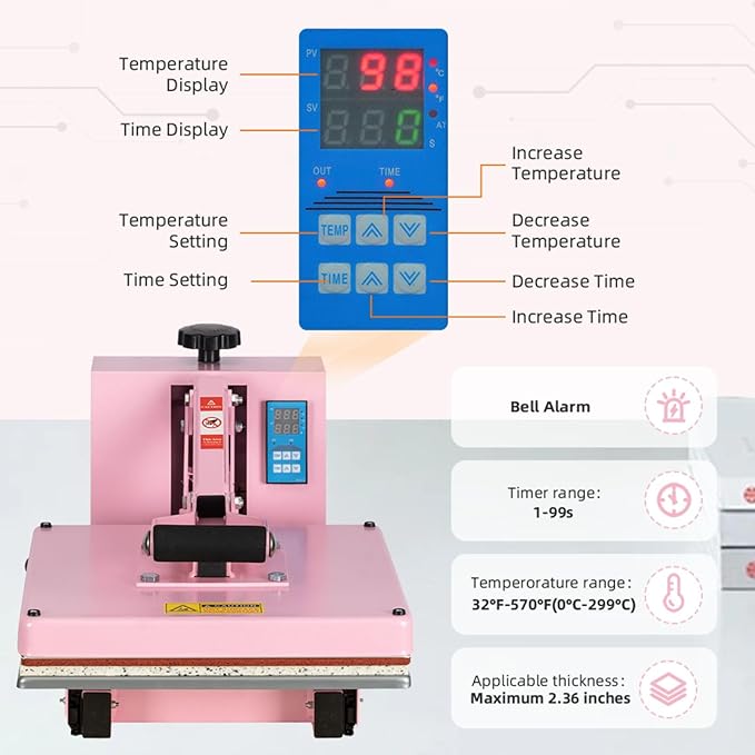 Máquina de Prensa Térmica 15x15 in Manual 110V 1400W Rosa miniatura 7