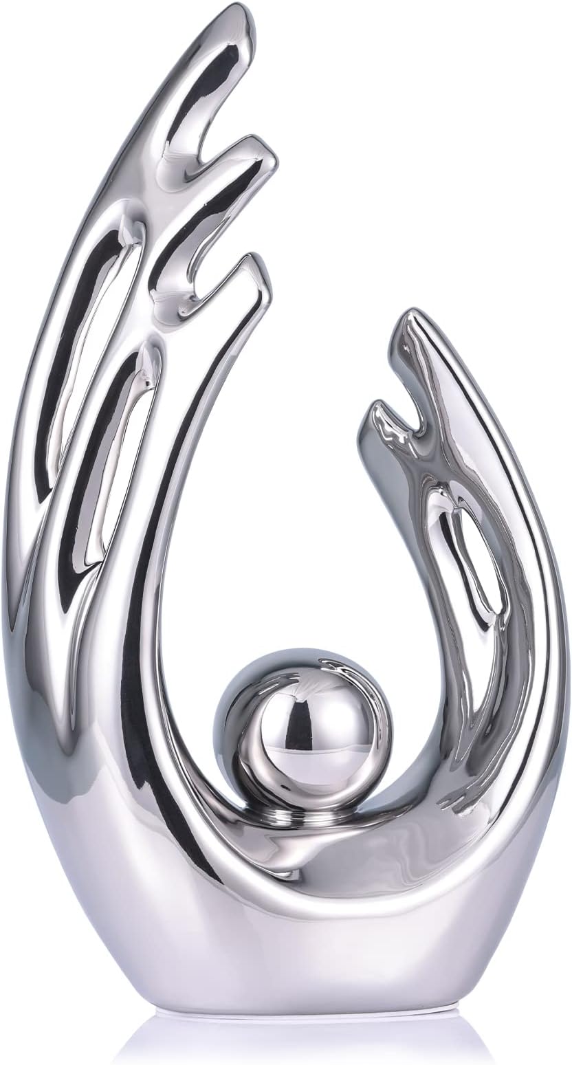 LCCCK 12" H Silver Aesthetic Room Decor Accent, TV Stand Funky Table Centerpiece, Abstract Art Ceramic Statue and Sculpture, Silver Decor for Living Room, Bookshelf Decorative Objects, Shelf Decor