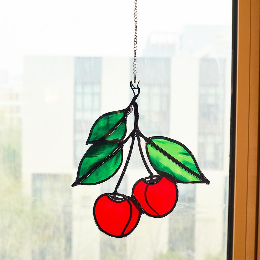 BEAMARKER Red Cherry Suncatcher Stained Acrylic Window Hanging Ornament Outdoor Indoor Home Garden Patio Car Mirror Party Decoration Wedding Birthday Gifts for Family and Friends