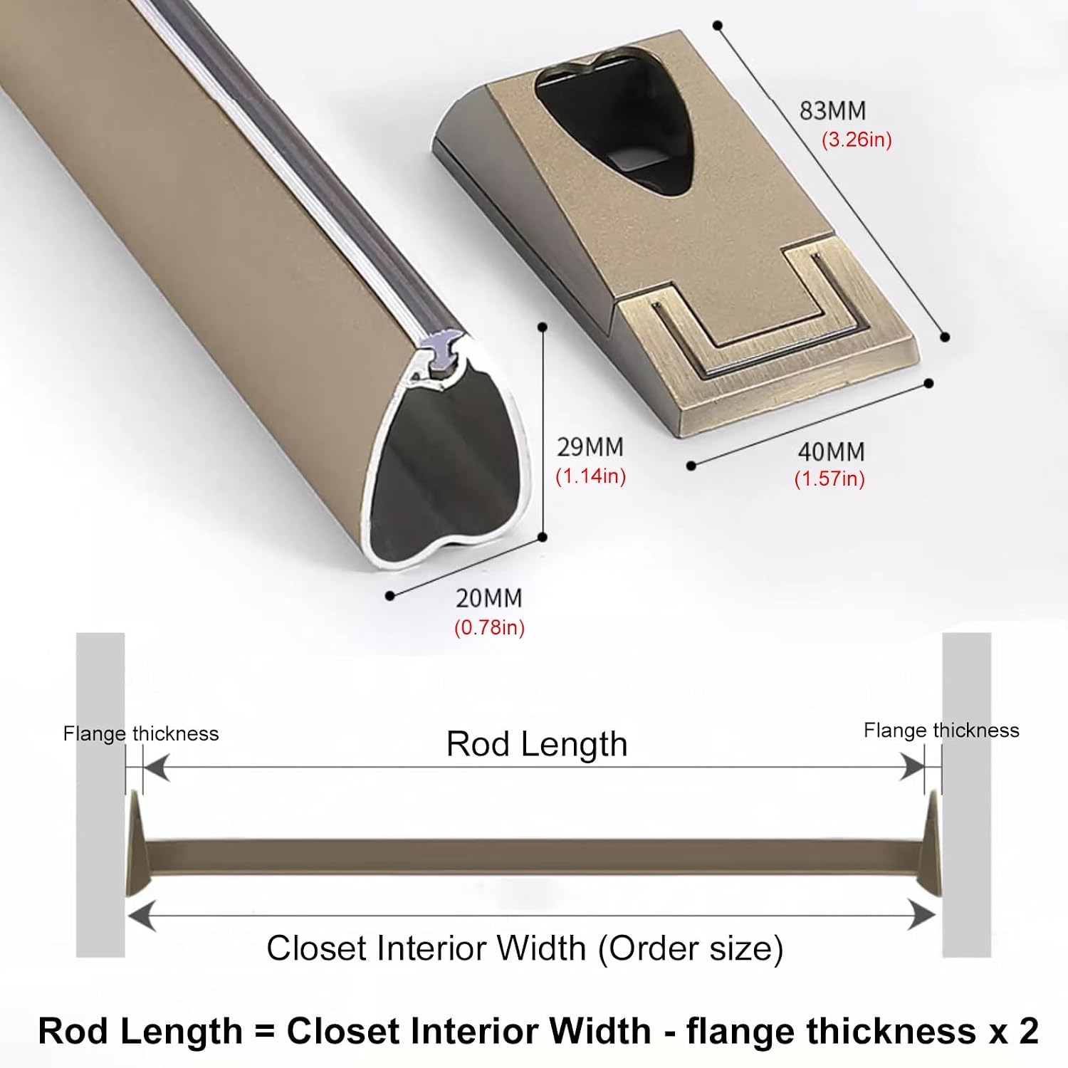 WDJBPSH Wall Mounted Closet Hanger Bracket, Champagne Heart Wardrobe Support Rods for Laundry Room/Bedroom/Shower Clothing Organization, Cuttable & Detachable(135cm/53.1in)