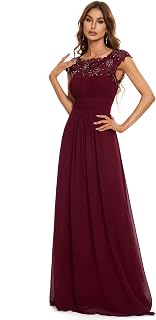 Ever-Pretty Damen Abendkleider Kurze Ärmel Rundkragen Spitze Empire A-Linie Elegant Chiffon Bodenlang Brautjungfernkleider EP09996