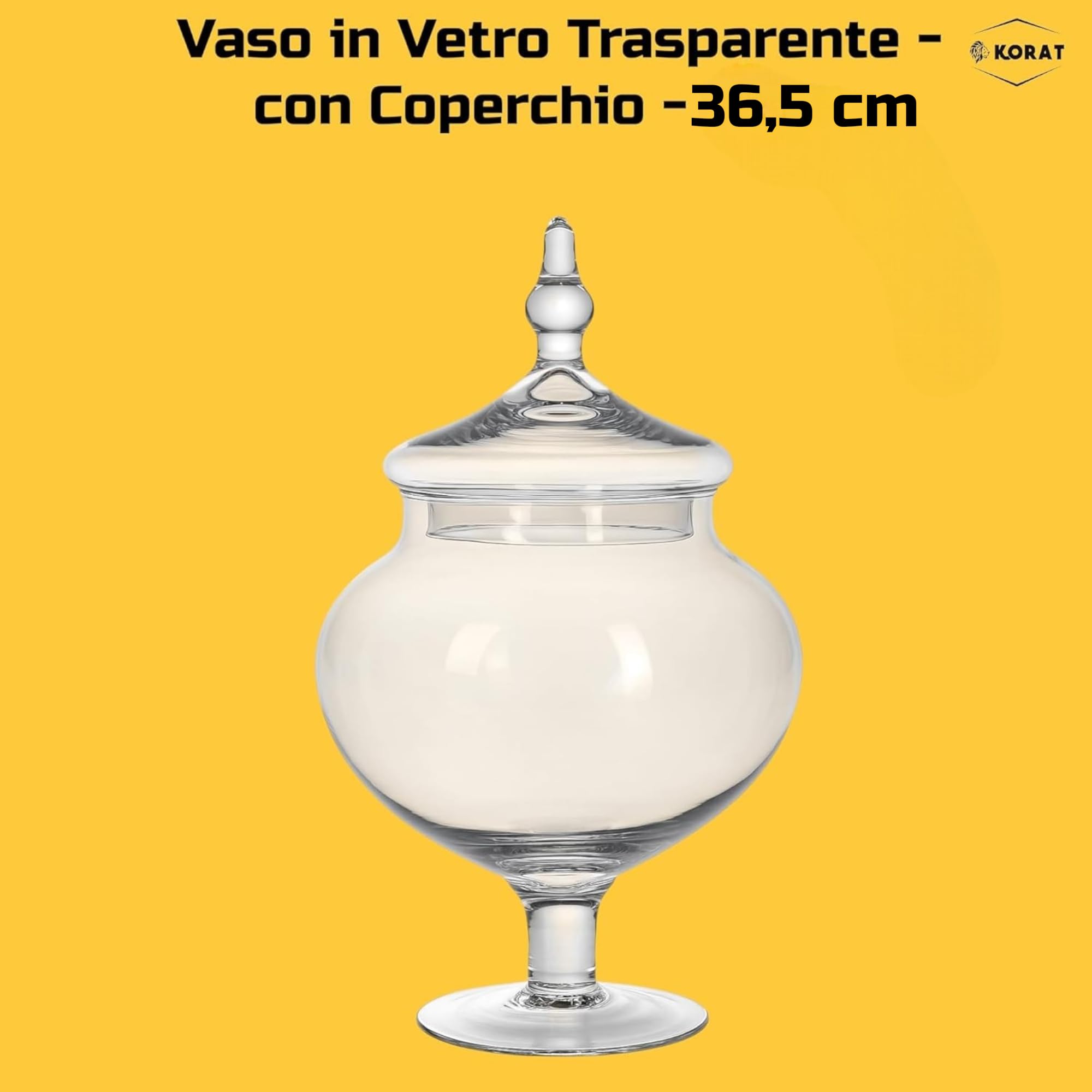 KORAT Barattolo in Vetro Trasparente con Coperchio Design Elegante in Stile Classico Contenitore Decorativo per Dolci, Confetti, Decorazioni Disponibile in 3 Dimensioni (26/32/36,5 cm) (36,5x24x24 cm)