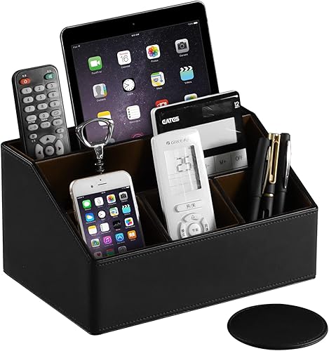 Miniatura 1 de MEIBOOCH Organizador de escritorio de cuero, soporte de control remoto de suministros de oficina de lujo con posavasos, se adapta a escritorio de