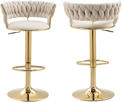 Juego de 2 taburetes de bar modernos de terciopelo, tejidos a mano con respaldo, taburete de bar giratorio ajustable, marco de metal, adecuado para