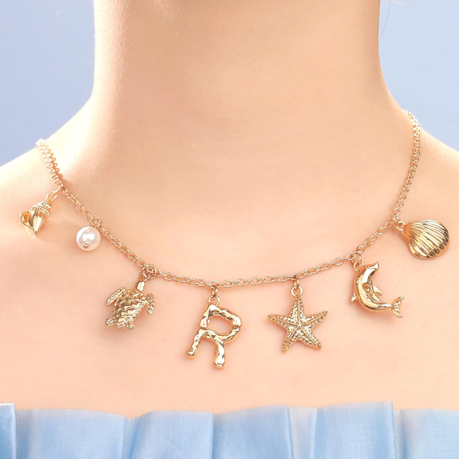 NEKOL Initial R Charm Necklace For Women, Boho Gold Summer Beach Surfer Letter Necklace Starfish Seashell Pearl Turtles Dolphin Charms Pendant, Trendy Pendant Alphabet Choker Necklace Jewelry Gifts - Image 2