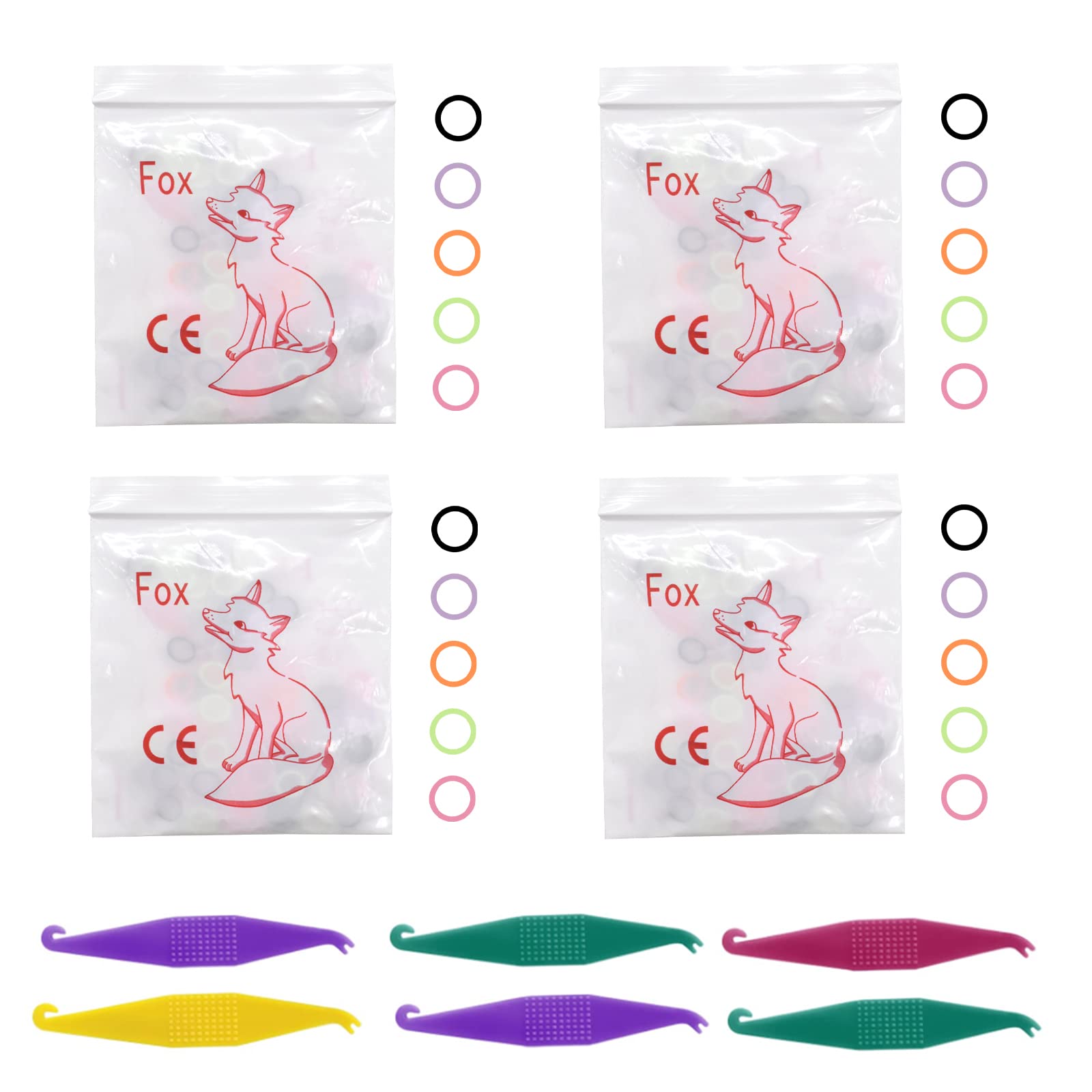 Orthodontic Elastic Rubber Bands and Placers, 400 Pcs Multicolor Dental Rubber Traction Bands, 6Pcs Elastic Placer for Braces Teeth Gap, etc (1/4",Fox)