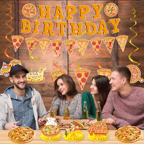Image of Pizza Birthday Party Decorations, Happy Birthday Banners Hanging Swirls and Honeycomb Centerpieces Decor, Pizza Themed Ceiling Table Decoration Supplies