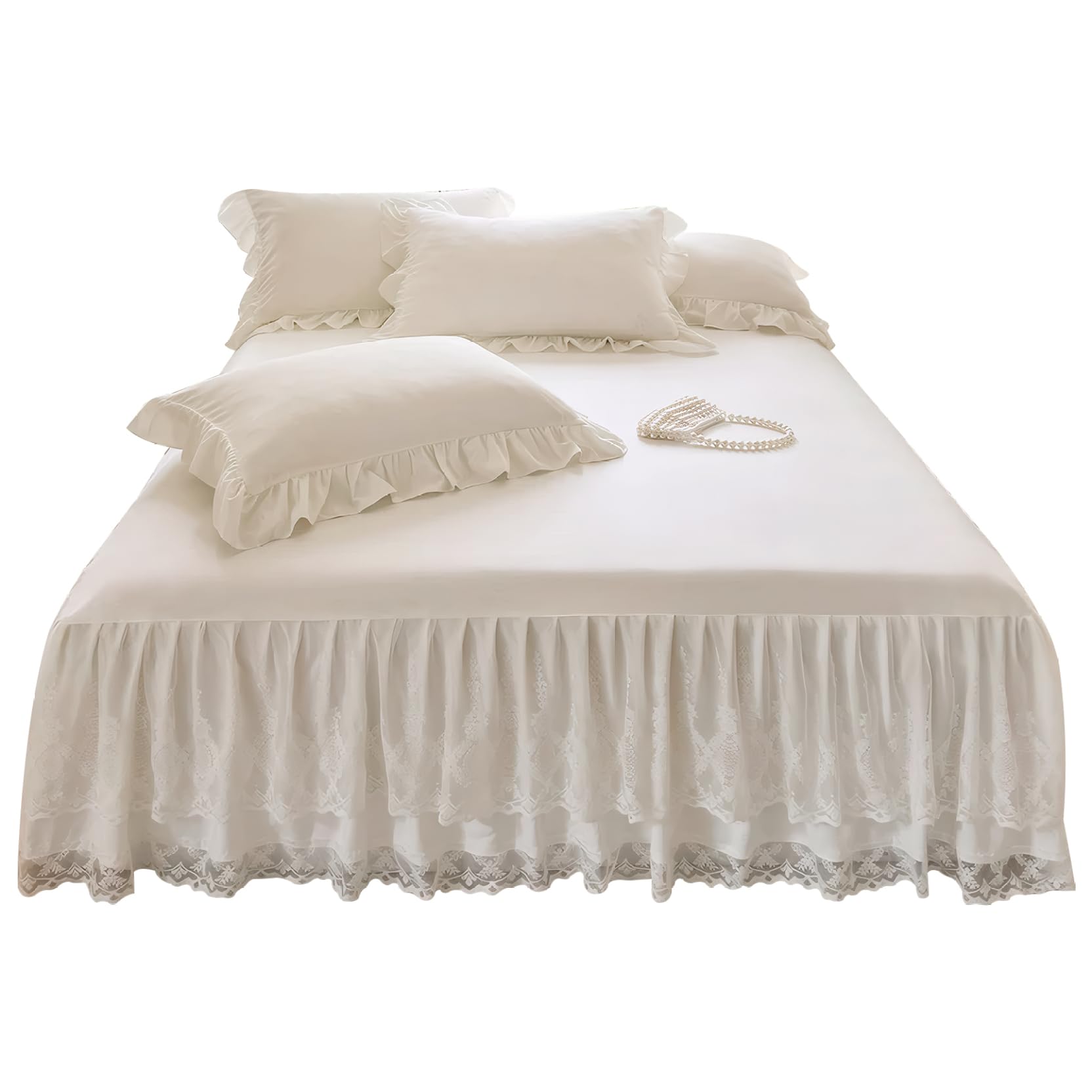 Ruffle Bed Skirt for 59x79'' Bed 3-Layer Lace Skirt with 16'' Dropping Easy Setup Elegant Wrap Around with Elastic Band for Hiding Under- StorageRuffle